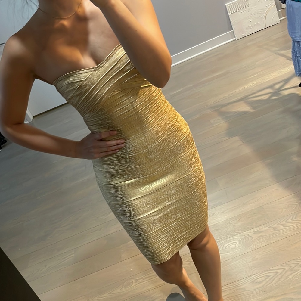 Herve Leger Gold Bodycon Strapless Dress XS